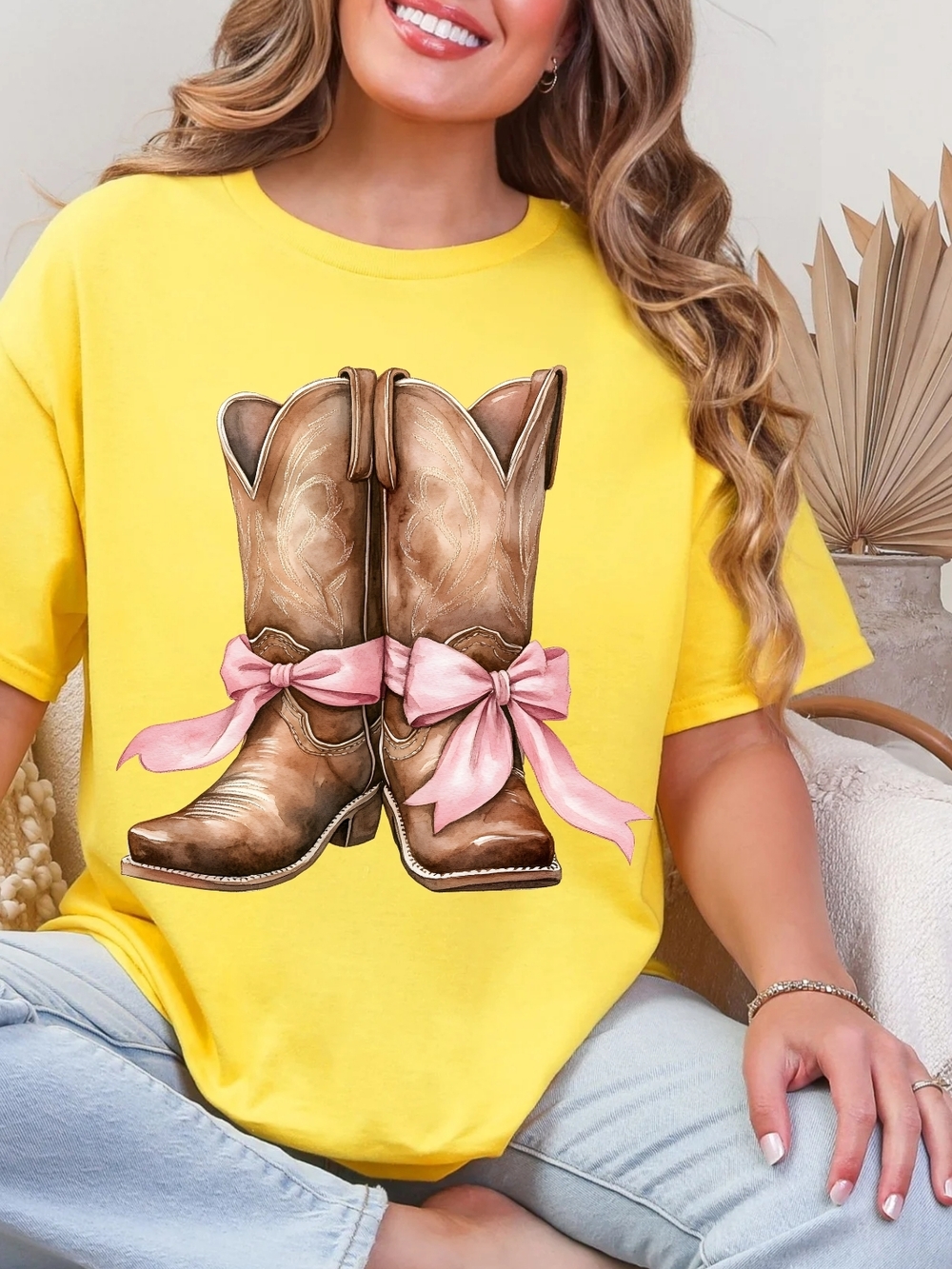 Gildan Yellow Short Sleeve Tee with Brown Cowboy Boots and Pink Bows